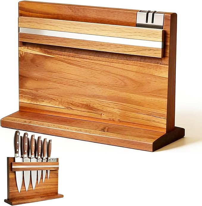 Large Magnetic Knife Holder - 14.5 x 11" Double-Sided Acacia Wood Block with Built-in Sharpener, Holds 14+ Knives, Premium Kitchen Counter Organizer for Professional Chefs