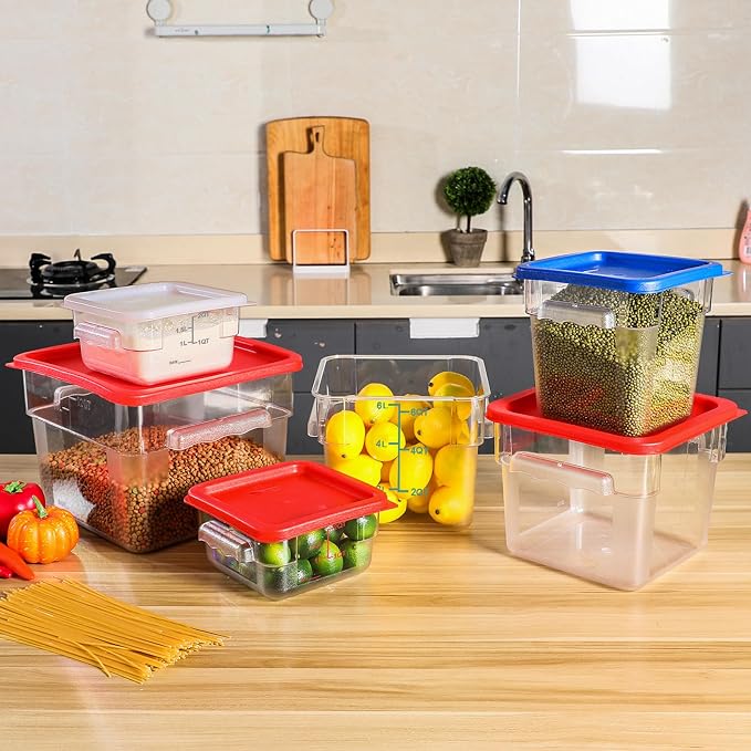 Maxcheck 4 Pcs 4qt Food Storage Container with Lids Bulk Clear Plastic Commercial Food Storage Bins with Scale Handle Space Saving Restaurant Tubs for Kitchen Prep Proof Dough(White, Blue)