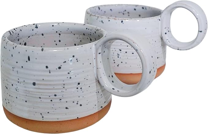 Bossa Stoneware Ceramic Cappuccino Cup 8oz White Set of 2 | Handcrafted Specialty Coffee Mug with Glazed Glossy Finish, Raw Unglazed Base & Large Handle | Microwave & Dishwasher Safe