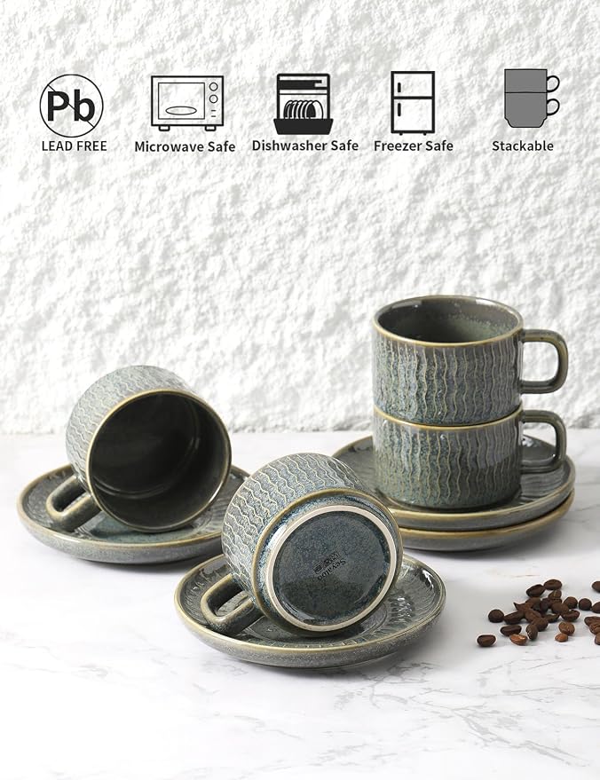 Espresso Cup with Saucer - 6 Ounce Ceramic Espresso Mugs Set of 4, Cappuccino Cups Set, Latte Coffee Cups for Coffee, Cafe Mocha, Tea, Green