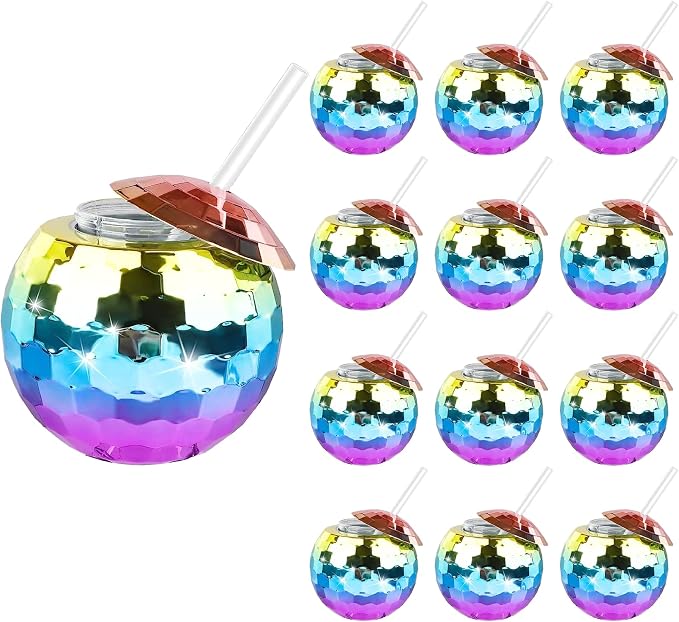 Disco Ball Cups, 20OZ Disco Party Cups with Lid and Reusable Straw Flash Ball Cocktail Cup for Party Nightclub Bar Supplies Wine Drinking Syrup Tea Bottle (12, Rainbow)