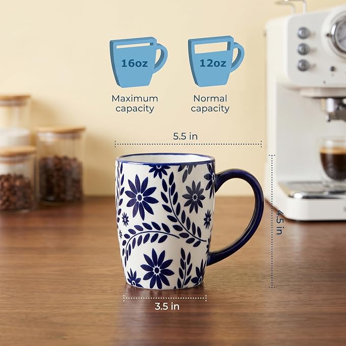 glowworm Coffee Mugs, 16 Ounce Ceramic Coffee Cups Set of 4, Large Latte Cups with Handle for Tea, Mocha, Milk, Perfect for Family Kitchen & Holiday Gifts, Dishwasher & Microwave Safe, Blue & White
