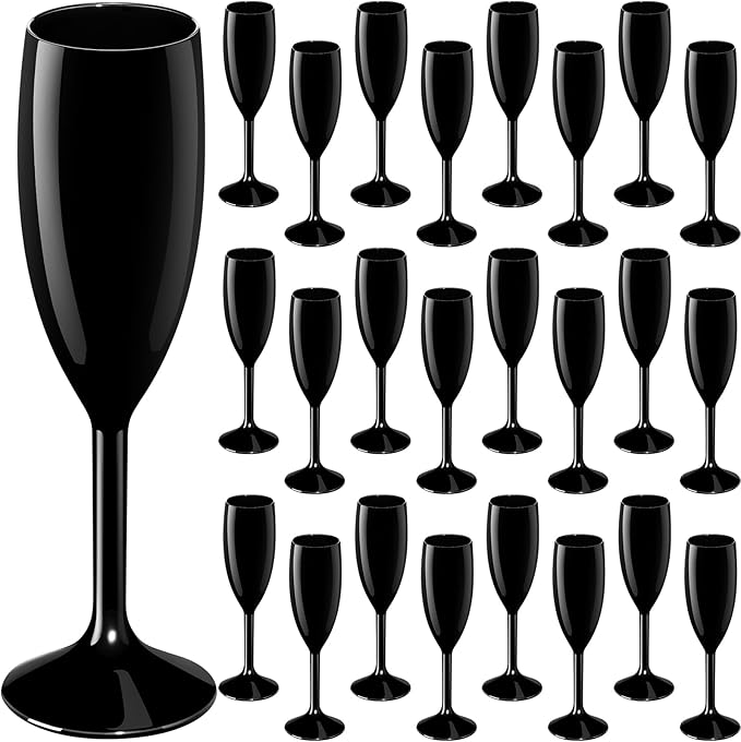 Maxcheck 24 Pcs Champagne Flutes Bulk Acrylic Toasting Drinking Flute Unbreakable Goblet Champagne Cups 6 oz Plastic Wine Glasses for Mother's Day Wedding Bridal Shower Anniversary Party (Black)