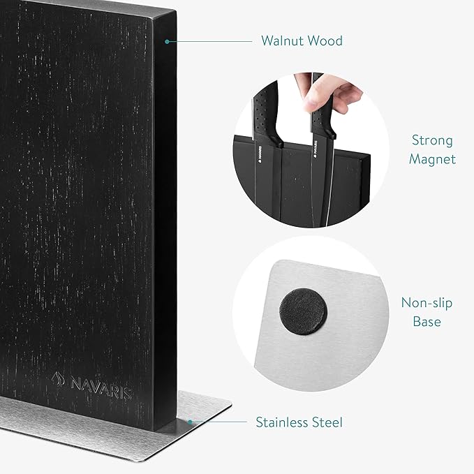 Navaris Magnetic Knife Block - Kitchen Storage with Strong Magnets for Knives & Utensils - Simple, Modern Utensil Holder in Black Rubberwood - 8.9" x 8.7"