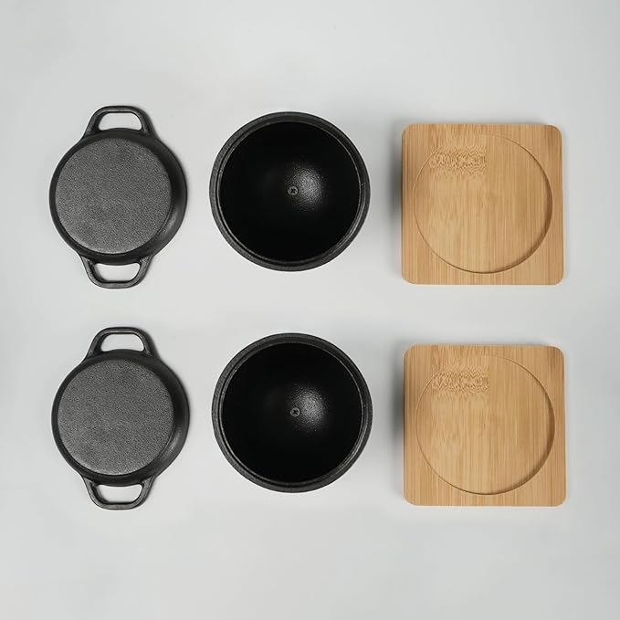 HAWOK Cast Iron Garlic Roaster with Bamboo Tray, Dia. 3.94 inch, BBQ Grill Garlic Baker, Mini Cocotte, Set of 2, Pre-Seasoned