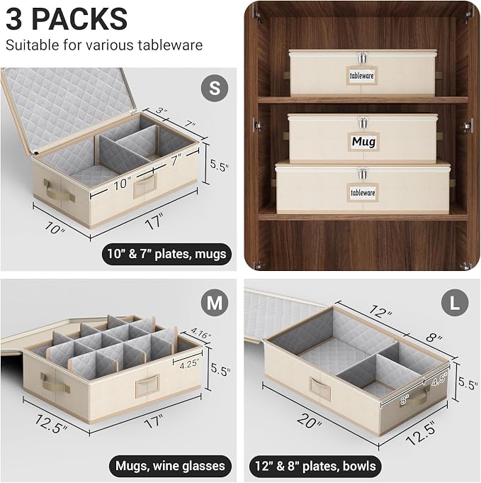 MISSLO Large Capacity China Storage Containers Hard Shell Plate Storage Containers, Kitchen Packing Moving Boxes for Dishes, Dinnerwares, Mugs Protectors, Beige, 3 Piece Set