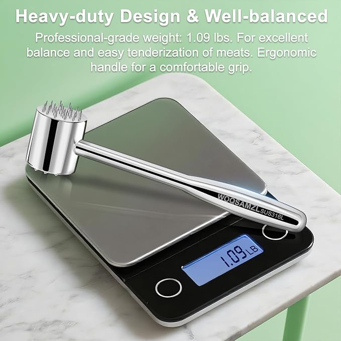 2-in-1 Real 316L Stainless Steel Meat Tenderizer Mallet Hammer, Professional Meat Pounder with 19 Sharp Needle Spikes, Dual-Sided Heavy Duty 1.09lb Versatile Kitchen Tool,Solid & Dishwasher Safe