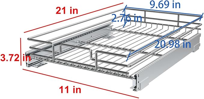 Pull Out Cabinet Organizer, Heavy-Duty Metal Sliding Drawer Shelf for Kitchen Cabinets, Chrome, Doesn't Include Door Fittings (11*21 IN)