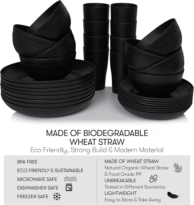 Wheat Straw Dinnerware Sets | Unbreakable Dinnerware Sets | Dishwasher Microwave Safe Dinnerware | Eco Friendly Non Breakable Dinnerware Sets | RV Outdoor Camping (Black, Service for 8 (32 pcs))