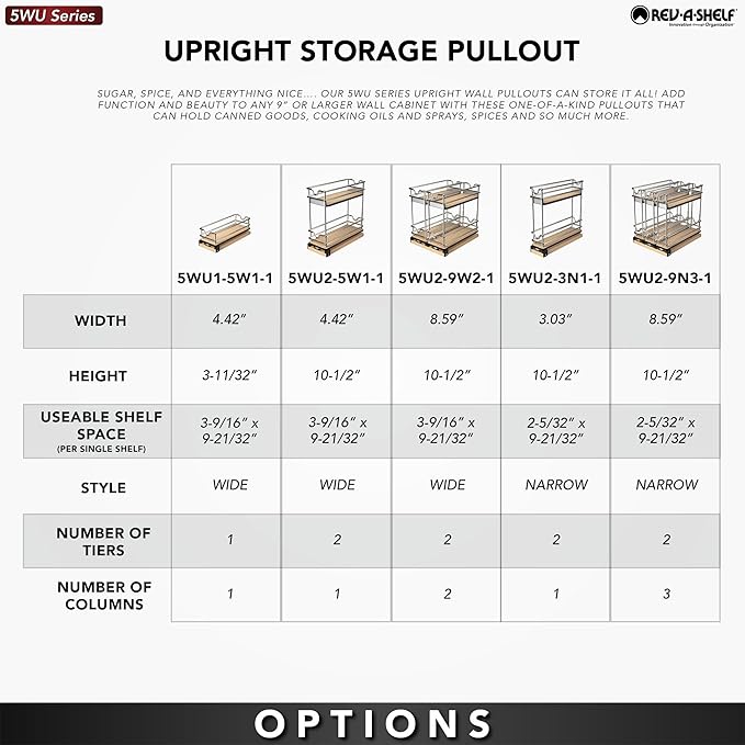 Rev-A-Shelf 5" Pullout Organizer for Cabinets, Two-Tier & Single-Wide Upright Sliding Storage for Kitchen Shelf, 5WU2-5W1-1
