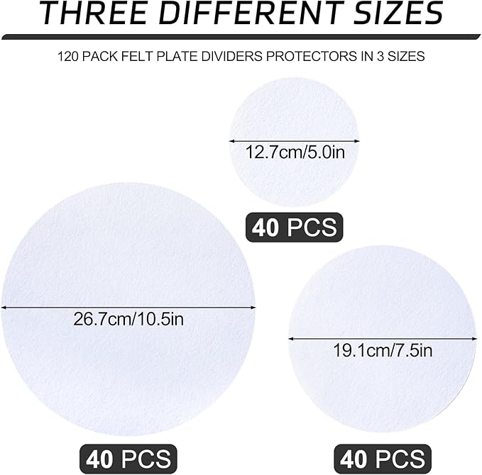 Mixweer Felt Plate Dividers for Plate Storage Set of 120 and 3 Sizes Soft Saucer Protectors Round Pan Separators Protectors Thick Dish Pads for Protecting Stacking Your Cookware(White)