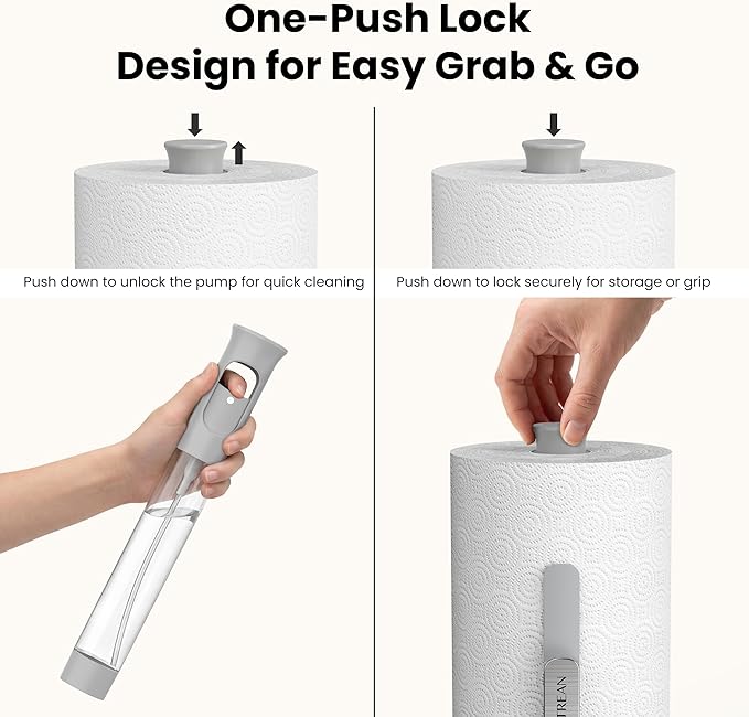 Ultrean Paper Towel Holder with Spray Bottle, Countertop Freestanding Paper Towel Dispenser with Spring-Loaded Tension Arm for One-Handed Tear, Weighted Non-Slip Base, Stainless Steel for Kitchen