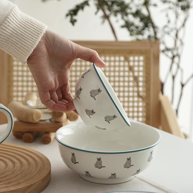 London Pottery 4.5’’ Small Bowl, 10 OZ Porcelain Bowl for Kitchen Dessert Rice Side Dish Snack Soup Fruits Cereal Ice Cream, Microwave & Dishwasher Safe, Easy Clean Stackable (Cat，Rice Bowl,300ml)