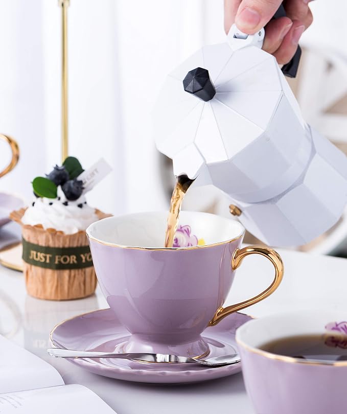Jusalpha® Porcelain Tea Cup and Saucer Coffee Cup Set with Saucer and Spoon Set of 6 (FD-TCS02 purple (6), 7oz)