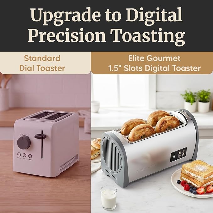 Elite Gourmet Digital Long Slot 4-Slice Toaster – Touch Screen LED Display, Extra Wide 1.5” Slots for Artisan & Bagel Bread, 6 Browning Levels, Defrost & Reheat, Stainless Steel Modern Design