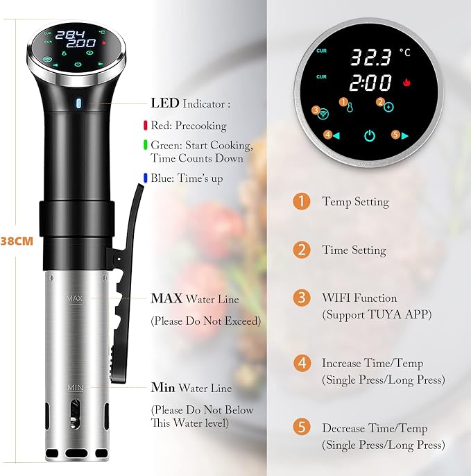 WiFi Sous Vide Cooker, 1100W Precision Cooker, Slow Water Bath Cooking Machine with Temperature Range 25-95℃ & Timer Control, Thermal Immersion Circulator, Sous Vide Stick for Party, Home
