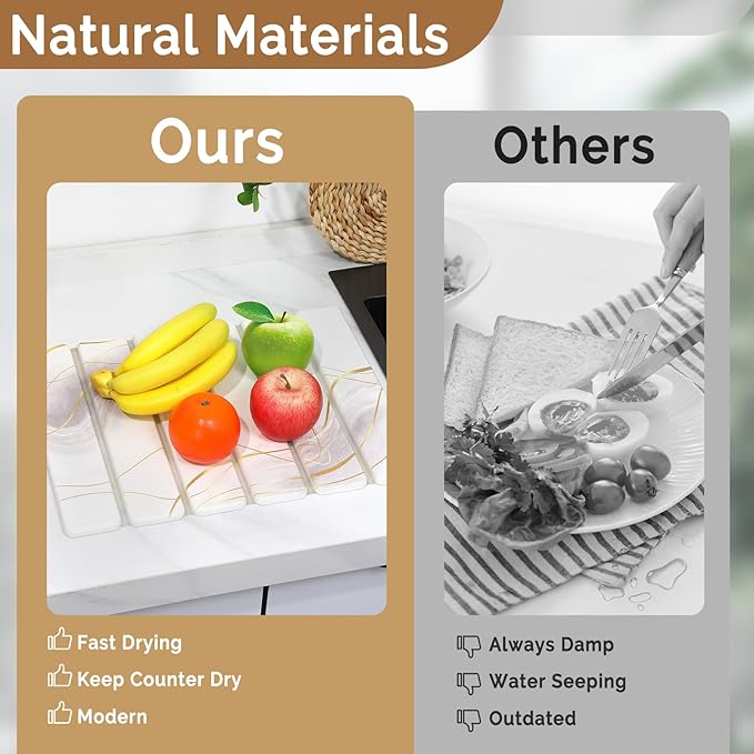Large Stone Dish Drying Mat for Kitchen Counter, 2PCS Quick Dry Stone Dishes Mat,Foldable Water Absorbing Drying Organizer Pad for Plate Rack Bottles Utensils(Printed White Gold 16"x12" & 8“x4")
