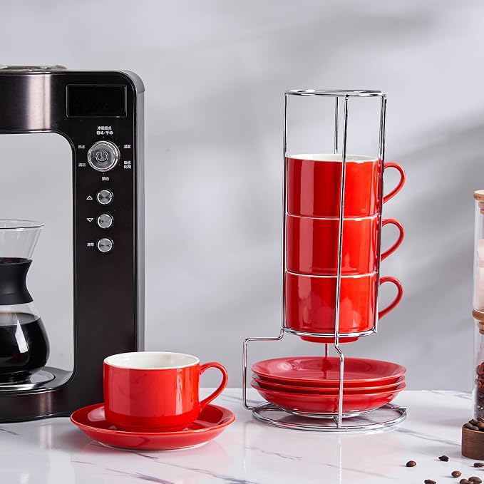 8oz Porcelain Cappuccino Cups with Saucers and Metal Stand, Stackable Coffee Cups for Specialty Coffee Drinks, Cappuccino, Latte, Espresso, Americano and Tea - Cups Set of 4, Red