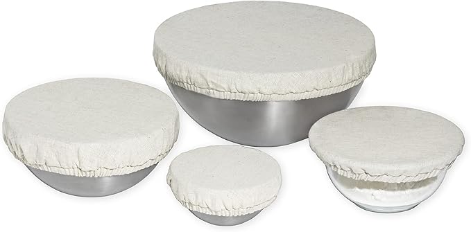 Organic Linen Bowl Covers - 8 Pack, 100% Linen Fabric Bowl Covers Set to Cover Fruits, Vegetables and Regulate Moisture - Elastic Closure for Salads, Bread & Leftovers (Off White)