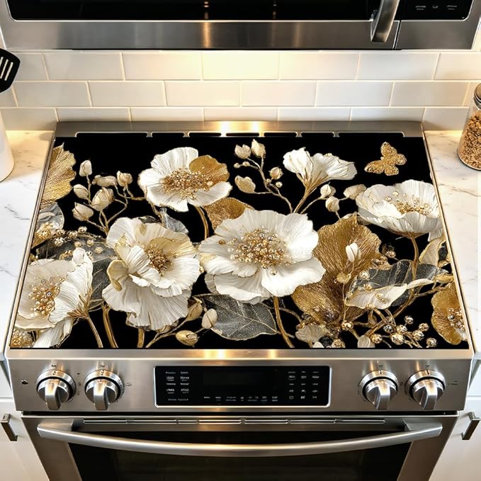 Stove Top Cover for Electric Stove 28.4 x 20.5 Inch Non Slip Stove Mat Oil Proof White Gold Floral Glass Cooktop Protector Kitchen Counter Mat