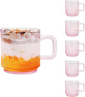 Glass Coffee Mugs 6 Pack - 12 OZ Pink Coffee Cups with Handles - Classic Vertical Stripes Transparent Tea Cup Set for Hot Cold Beverages
