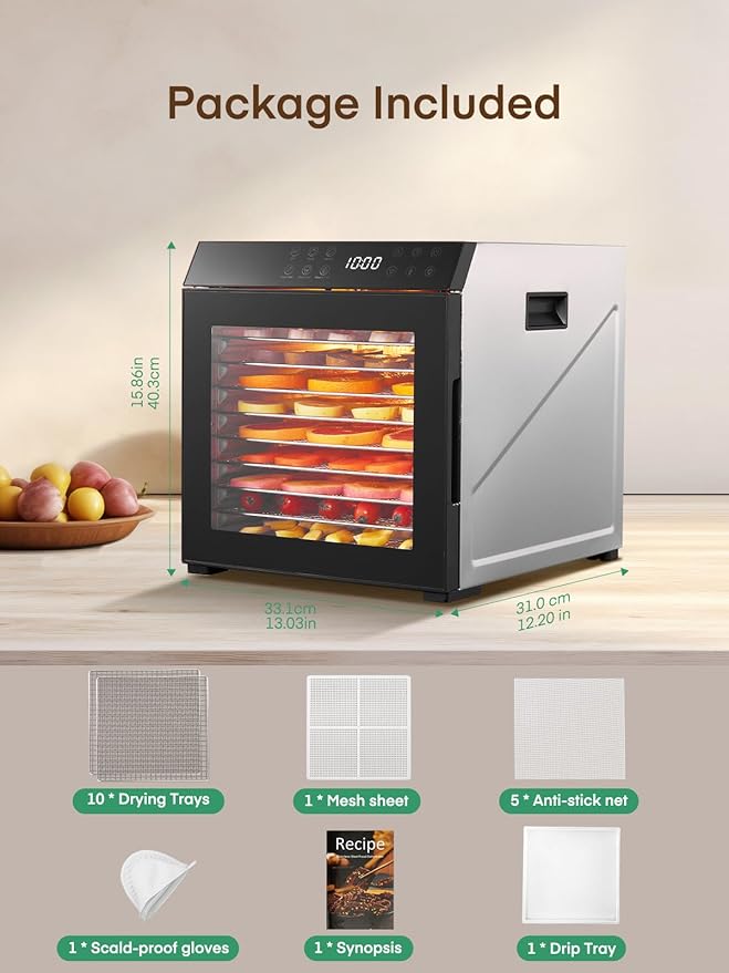FOHERE Food Dehydrator for Jerky 1000W, 10 Trays With Large 9.04ft² Drying Space,176°F Temperature Control, Digital Adjustable Timer, Light, Dryer Machine for Dog Treats,Herbs, Meat, Fruit, and Yogurt