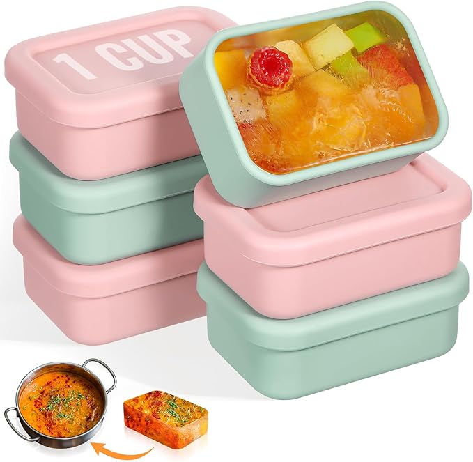 Teenyyou 6 Packs 1 Cup Silicone Soup Freezer Molds with Lid Silicone Soup Freezer Trays Rectangle Reusable Food Preserving Tray Freezing Sauces Stews(Pink, Sage Green)