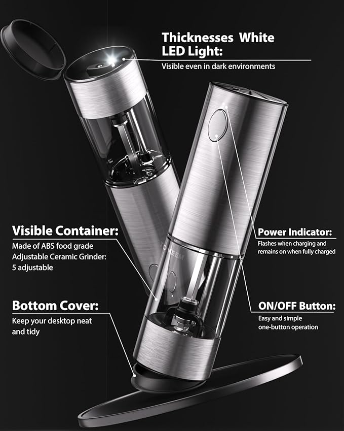 TOMEEM Upgraded Larger Capacity Electric Salt and Pepper Grinder Set Rechargeable with LED lights, Stainless Steel Automatic Pepper and Salt Grinder Refillable with 5 Adjustable Coarseness
