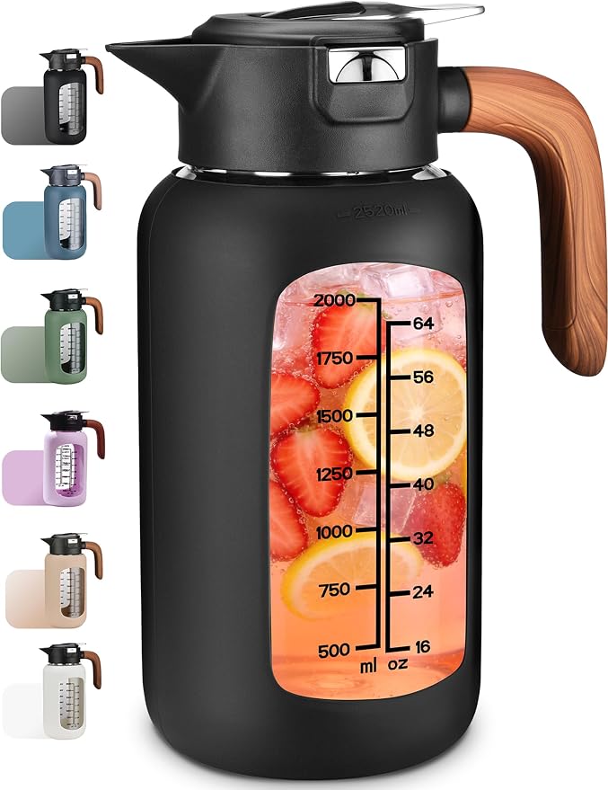 84oz Glass Pitcher with Lid and Handle Borosilicate Glass Water Jug/Carafe for Hot & Cold Beverages, 2.5Liter Large Pitcher with Silicone Sleeve & Wide Mouth, Fridge Safe for Iced Tea, Coffee, Juice