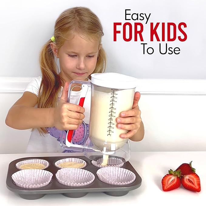 Pancake Batter Dispenser - Kid Friendly & Mess Free Cupcake Batter Dispenser with Squeeze Handle for Precise Portion Control, Also Perfect for Waffles, Crepes, Cakes (4 Cup Capacity)