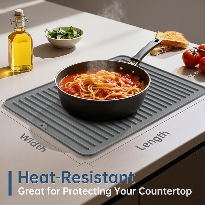 Songrey 16" x 12" Silicone Dish Drying Mat, Kitchen Counter Drying Pad for Sink Dishes or Under Rack, Multi-Use as Heat Resistant Trivet, Coffee Bar Mat