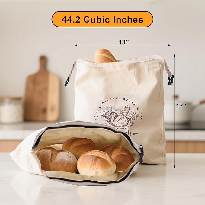 Bread Bags for Homemade Bread - 2 Packs XL Reusable Organic Beeswax Linen Cotton Sourdough Bag, Homesteading Essentials Sourdough Bags with Sealing Zip to Keep Fresh
