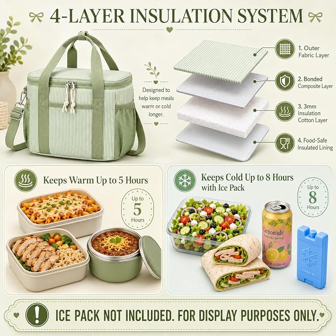 BTOOP Insulated Lunch Box for Women, Cute Corduroy Lunch Bag with Shoulder Strap, Leakproof Wide-Open Lunch Tote for Work, Office, School, Picnic, Green White Stripes