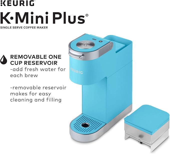 Keurig K-Mini Plus Single Serve K-Cup Pod Coffee Maker, with 6 to 12oz Brew Size, Stores up to 9 K-Cup Pods, Travel Mug Friendly, Cool Aqua