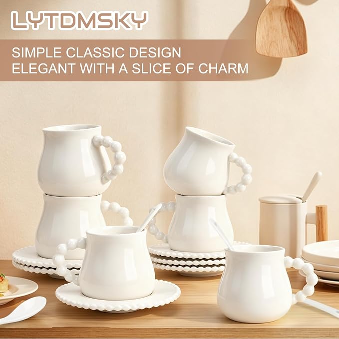 Espresso Cups with Set of 6 Saucers and Spoons, 8 oz Porcelain Coffee Cup Mugs for Latte, Au Lait, Flat White, Mocha, Tea, Elegant Tea Mugs Set, Dishwasher & Microwave Safe