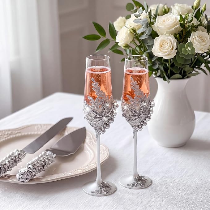 Boao Pearl Wedding Champagne Flutes and Cake Knife Server Set of 4, Champagne Flutes Toasting Glasses with Pearls for Bride and Groom Engagement Anniversary Bridal Shower Gifts (Retro,Dark Gray)
