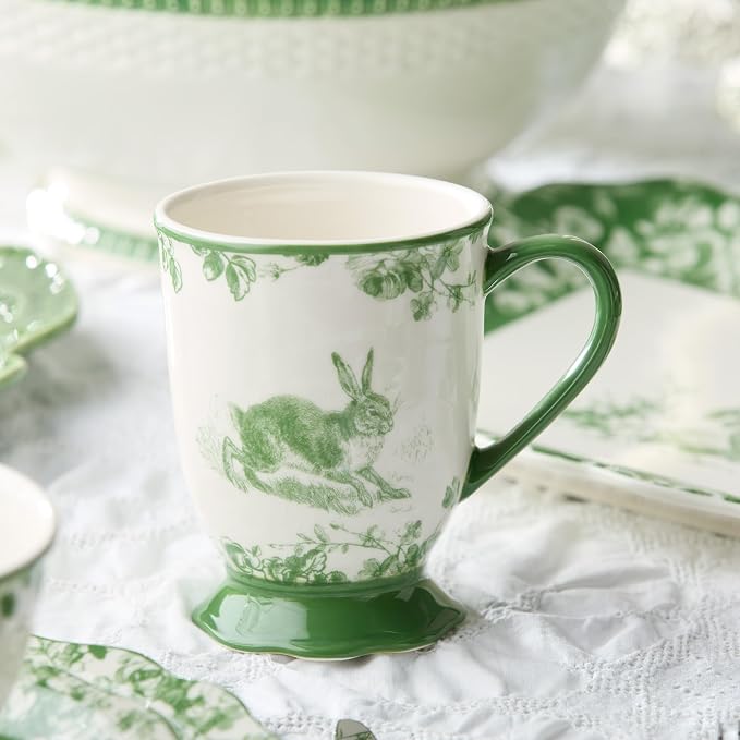 Le Jardin 6oz MUGS SET OF 4 – Green Bunny Stoneware Cups for Coffee, Tea & Cocoa – Charming Drinkware for Spring Brunch or Morning Routines