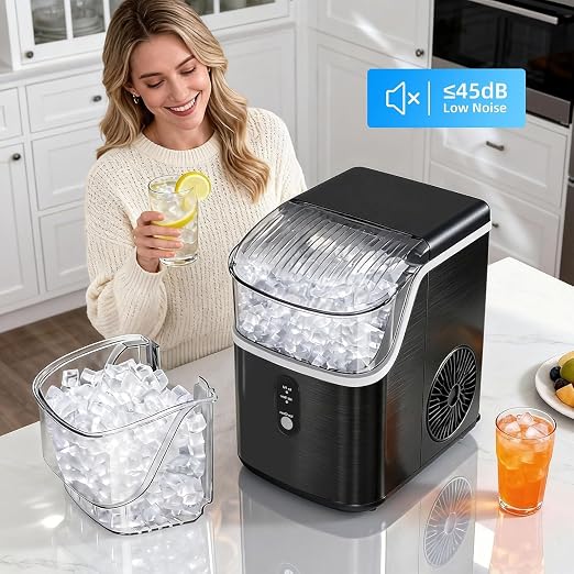 Antarctic Star Nugget Ice Maker Countertop, Chewable Pellet Ice Machine with Self Cleaning Function, Pebble Portable Ice Maker with Ice Scoop for Home Kitchen Office (Black)