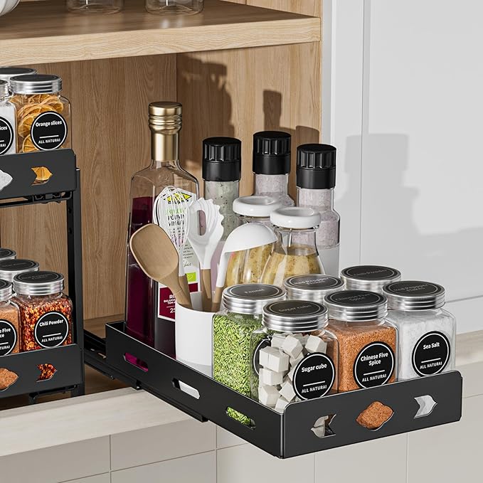 BOIVSHI Pull Out Spice Rack Organizer for Cabinet, Heavy Duty-Slide Out Spice Rack, Vertical Spice Rack for Kitchen Cabinet and Pantry (6.3''Wx10.5''Dx2.8''H, Metal Black)