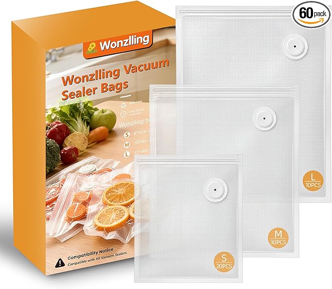 Vacuum Sealer Bags for Food, 60 Pcs (S+M+L+XL) 8" x 10" and 10" x 13.8" and 11.8" x 13.8" Food Storage Bags for Sous Vide Cooking Microwave Heating, Air Valve Zipper Bags (S+M+L+XL)