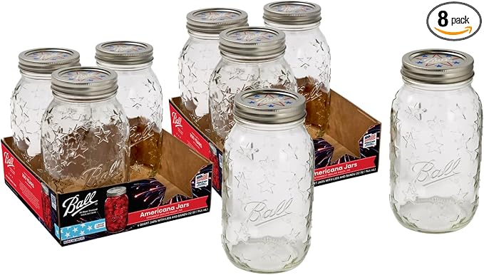 Ball Americana Regular Mouth Glass Mason Jars with Lids and Bands, Used for Canning, Pickling, Juice, Jam, Jelly, Quart Size 32 Ounce, 4 Count, Pack of 2 (8 Jars Total)
