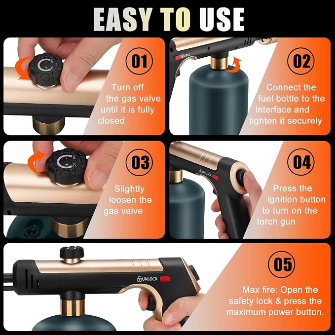 Propane Torch Gun With One-Touch Max Fire, Adjustable Kitchen Torch, Powerful Propane Torch With Many Safety Features(Tank Not Included)