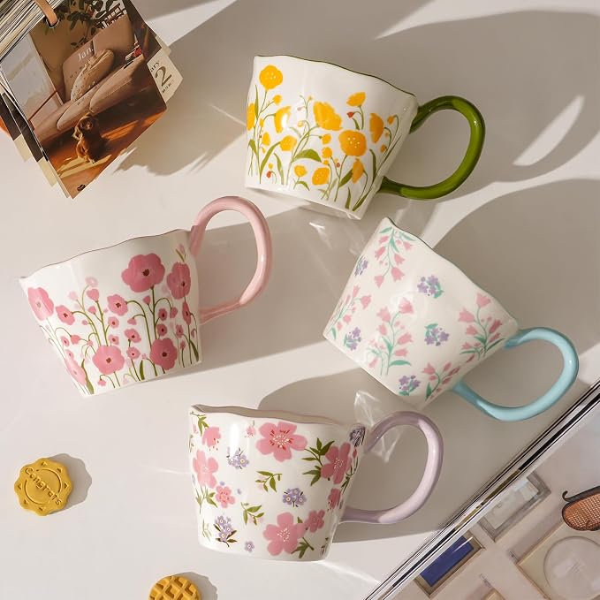 Cute Floral Coffee Mug Set of 4-12oz Ceramic Flower Embossed Cups with Petal Handles, Dishwasher and Microwave Safe