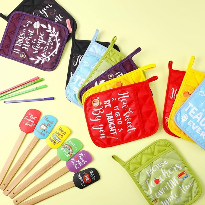 Yaomiao 24 Pcs Teacher Appreciation Pot Holders with Silicone Spatula Set Silicone Spatula Set with Wooden Handles Pot Holders Thank You Teacher Kitchen Utensils Baking Gifts for Teacher's Day