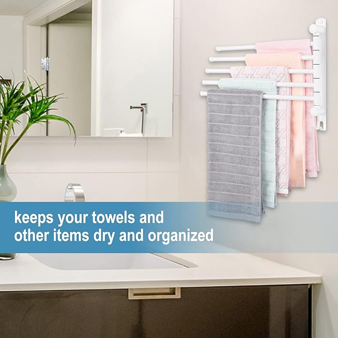 5-Arm Swivel Towel Rack - 180° Rotating Wall Mounted, 304 Stainless Steel Rustproof, Heavy Duty Bathroom Accessories, Space Saving Towel Organizer for Bathroom Kitchen Laundry - Pearl White