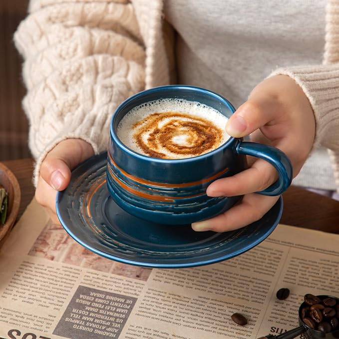 YUN TAO 8 oz Ceramic Cappuccino Cups and Saucers Set of 4, Latte & Cappuccino Mugs Coffee Set for Latte Art, Home Kitchen & Daily Use