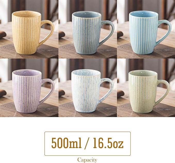Yundu 16 oz Coffee Mugs Set of 6, Large Coffee Cups, Ceramics Mug with Handle, Cups foe Latte, Tea, Cappucino - Assorted Colors