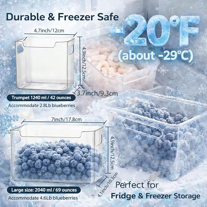 Crystal Clear Freezer Storage Bins, 4 Pack Clear Plastic Bins for Refrigerator and Pantry, Stackable Kitchen Cabinet Organizer with Handles for Frozen Food, Meat & Veggies (8PCS S)