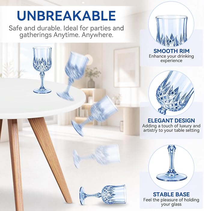 Sliner 96 Pcs 7oz Plastic Vintage Wine Glasses Drinking Goblets Unbreakable Crystal Water Glassware Reusable Diamond Champagne Flutes Cups for Wedding Banquet Birthday Party Supplies (Light Blue)