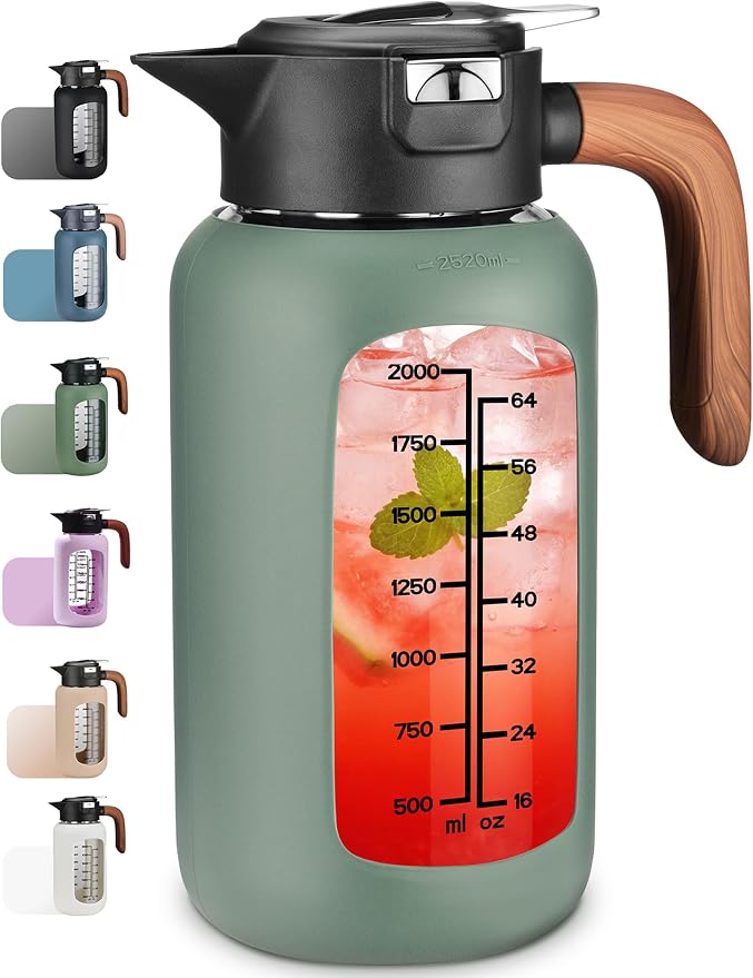 84oz Glass Pitcher with Lid and Handle Borosilicate Glass Water Jug/Carafe for Hot & Cold Beverages, 2.5Liter Large Pitcher with Silicone Sleeve & Wide Mouth, Fridge Safe for Iced Tea, Coffee, Juice